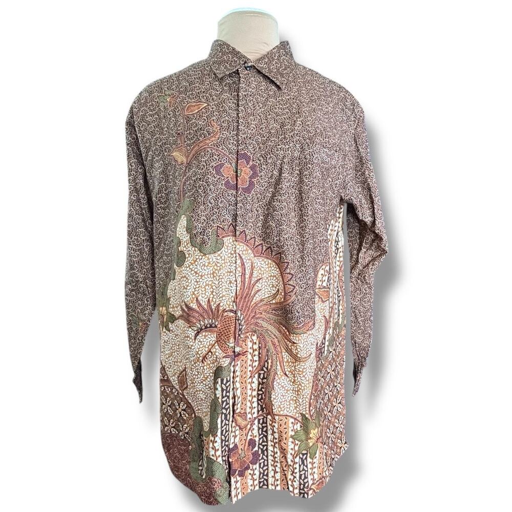 Batik Keris Traditional Indonesian Long Sleeve Shirt Floral Print Brown Batik
